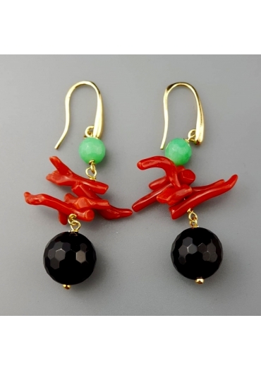 Orecchini, Agata nera-corallo rosso-crisoprasio – cod:OR1496