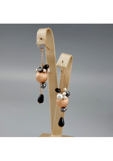 Orecchini Agata nera, perle coltivate, quarzo rutilato grigio﻿