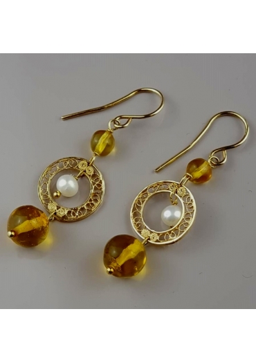 Orecchini , ambra messicana, perle coltivate﻿