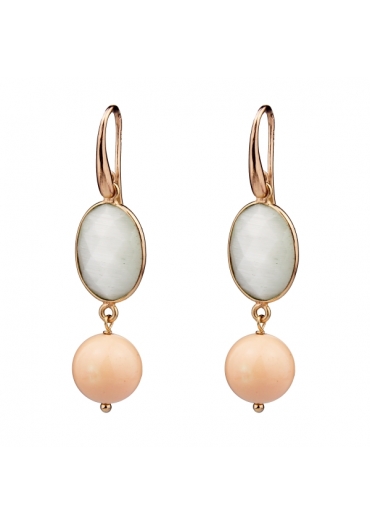 Orecchini corallo bamboo rosa, castoni labradorite bianca