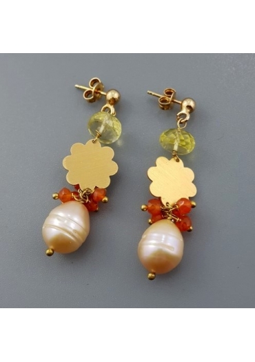 Orecchini, citrino, agata arancione taglio macchina, perle coltivate﻿