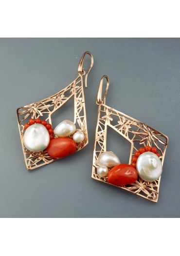 Orecchini corallo bamboo rosso, perle di fiume﻿, arg.925/00 