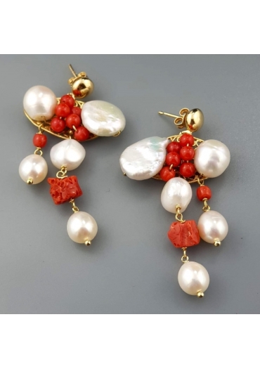 Orecchini corallo bamboo, corallo rosso sardo, perle coltivate﻿