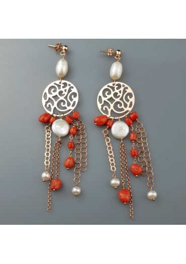 Orecchini, corallo rosso, perle coltivate﻿