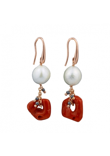 orecchini corallo sardo, perle coltivate﻿