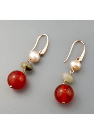 Orecchini corniola, agata multicolor,perle coltivate﻿