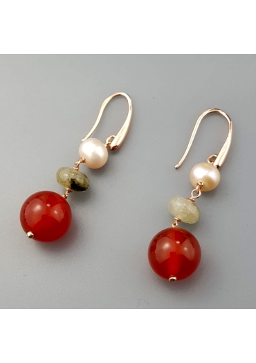 Orecchini corniola, agata multicolor,perle coltivate﻿