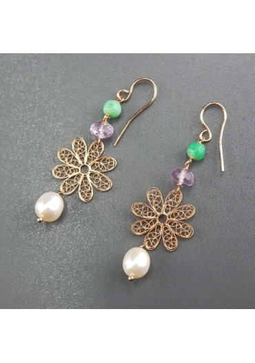 Orecchini,  Perle coltivate,  crisoprasio, ametista