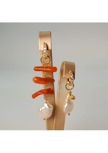 Orecchini fantasy corallo rosso sardo Perle coltivate﻿