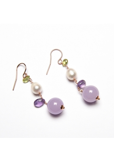 Orecchini giada lavanda,ametista, peridot, perle coltivate﻿