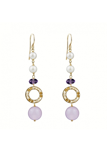 Orecchini, giada viola, ametista idrotermale, perle coltivate﻿