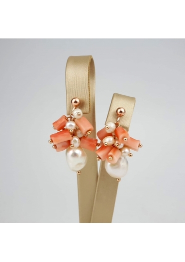 Orecchini grappolo perle coltivate, corallo rosa﻿