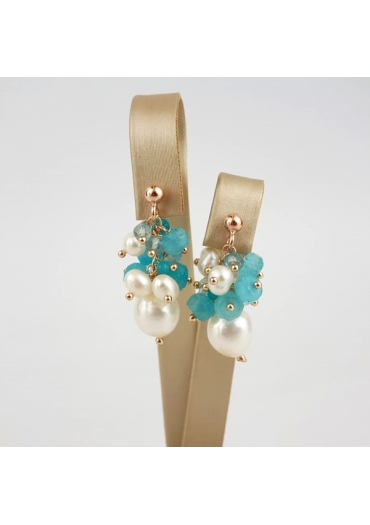 Orecchini grappolo perle coltivate, giada verde acqua﻿