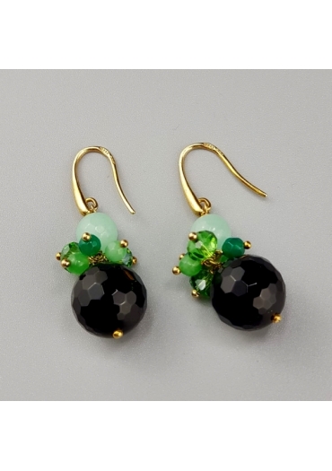 Orecchini grappololo, agata nera, agata verde smeraldo﻿