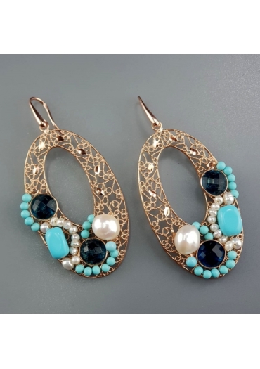 Orecchini pasta turchese 4 fiori, quarzi blue light, perle coltivate﻿