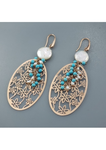 Orecchini pasta turchese 4 fiori, perle coltivate﻿