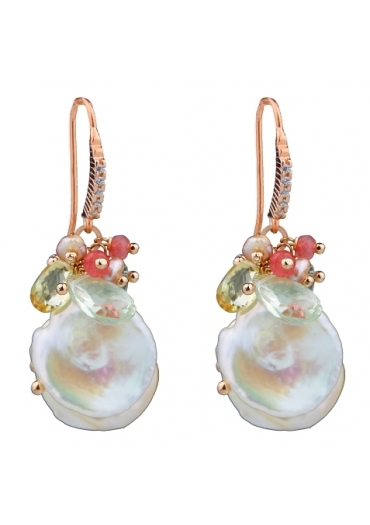 Orecchini perle coltivate biwa,quarzo citrino, quarzo rutilato verde