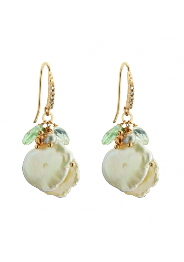 Orecchini perle biwa, perle grige,Ametista verde, quarzo verdeScuro﻿