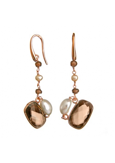 Orecchini perle coltivate, quarzo fumè﻿
