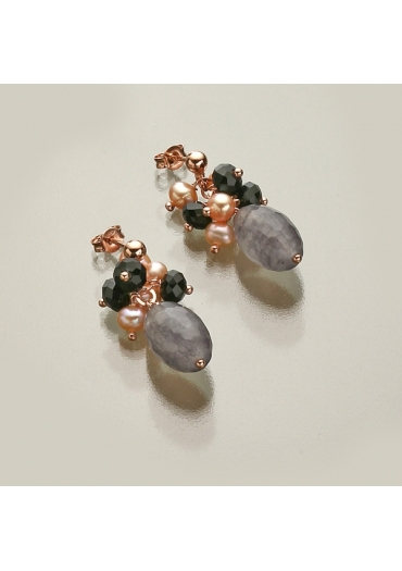 Orecchini quarzo nuvola,Perle di fiume, agata nera﻿