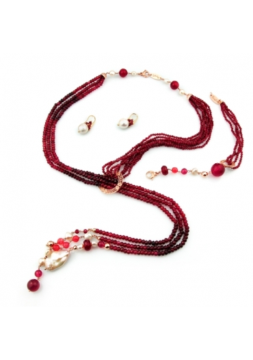 Parure agata rubygiada rosa, perle coltivate﻿