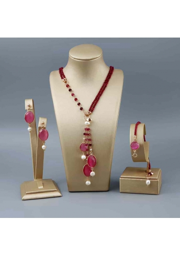 Parure agata ruby, giada rosa﻿, perle coltivate