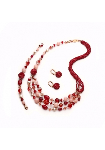 Parure Agata ruby, quarzo  muschiato rosso, giada cipria﻿,perle coltivate