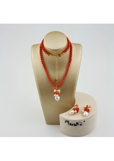 Parure corallo bamboo rosso, perle coltivate, corallo rosso﻿