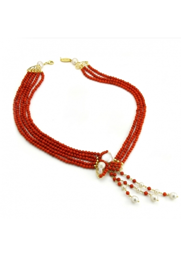 Collier corallo bamboo, Corallo rosso, perle coltivate﻿