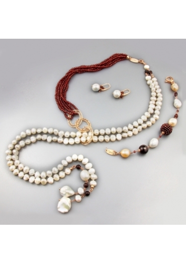 Parure perle coltivate, granato taglio diamond