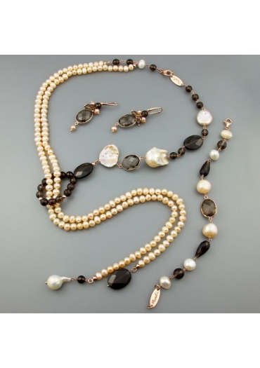 Parure perle coltivate, quarzo fumè﻿