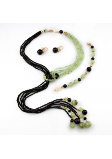 Parure quarzo rutilato verde, agata nera﻿