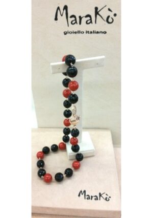 Collier agata nera e bamboo rosso 12 mm