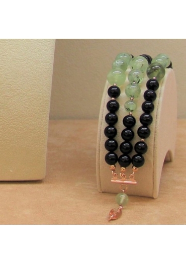 Bracciale  a tre fili agata nera, quarzo rutilato verde﻿