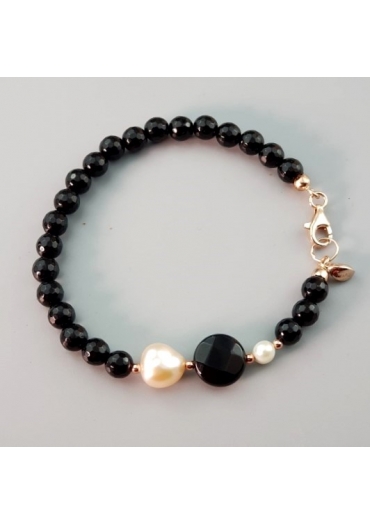 Bracciale  agata nera sfacc.6mm, perle coltivate﻿
