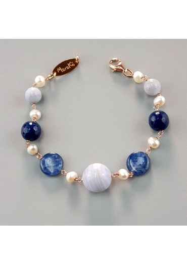 Bracciale calcedonio, agata blu, perle coltivate﻿