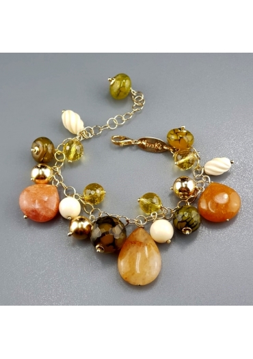 Bracciale  charms aragonite, agata striata, citrino, osso﻿ di cammello