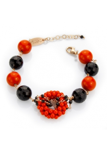 Bracciale corallo bamboo red-agata nera sfacc.12 mm﻿