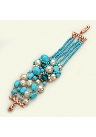 Bracciale multifilo pasta turchese 4 fiori perle coltivate﻿