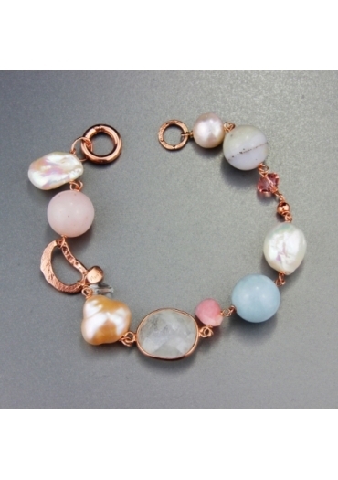 Bracciale perle coltivate, acquamarina milk, opale rosa﻿