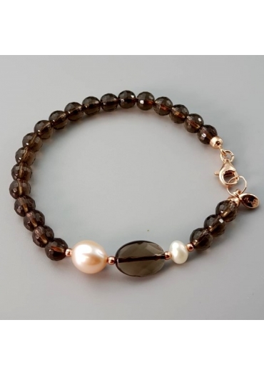 Bracciale Quarzo fumè 6mm, perle coltivate﻿