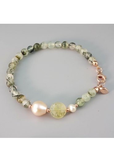Bracciale quarzo rutilato verde 6mm, perle coltivate﻿