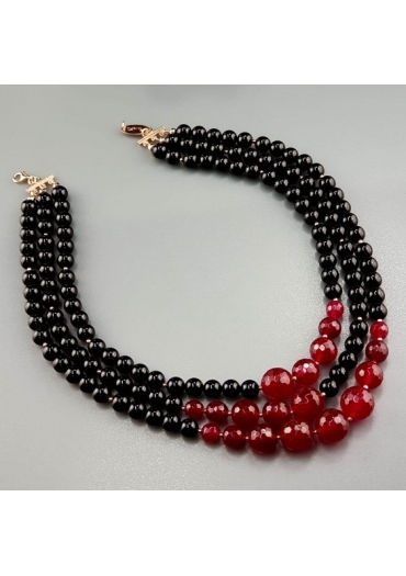 Collana a tre fili agata nera, agata ruby﻿