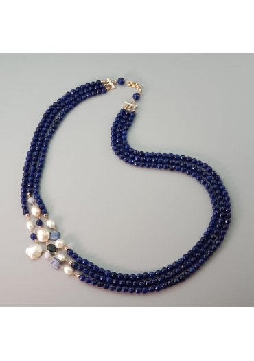 Collana Armony, Agata blu zaffiro 6 mm, perle coltivate, lunghezza 73 cm﻿