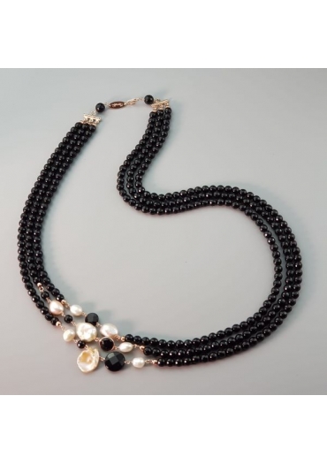 Collana Armony, Agata nera, 6 mm, perle coltivate