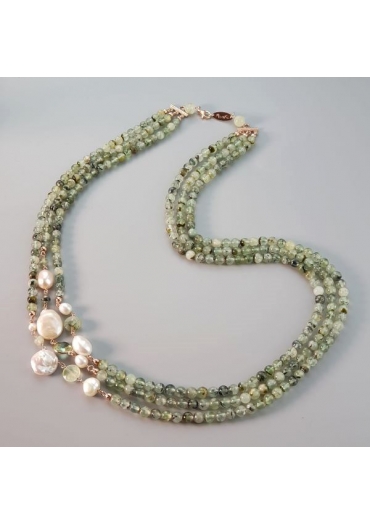 Collana Armony, sfere 6 mm quarzo rutilato verde, perle coltivate﻿