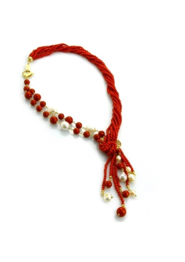 Sciarpa corallo bamboo red, perle coltivate﻿