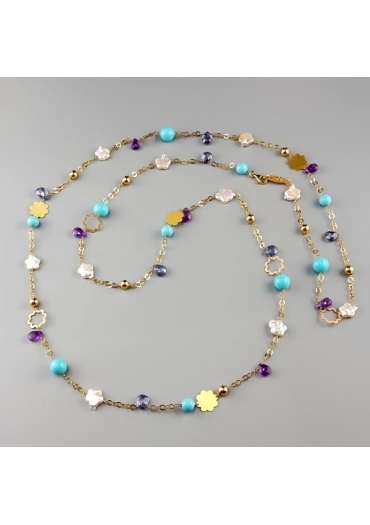Collana, pasta turchese, perle di fiume, goccine iolite e amet. taglio macchina – cod:CN2321