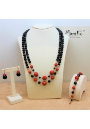 Collier a due fili agata nera satinata,Corallo bamboo red﻿