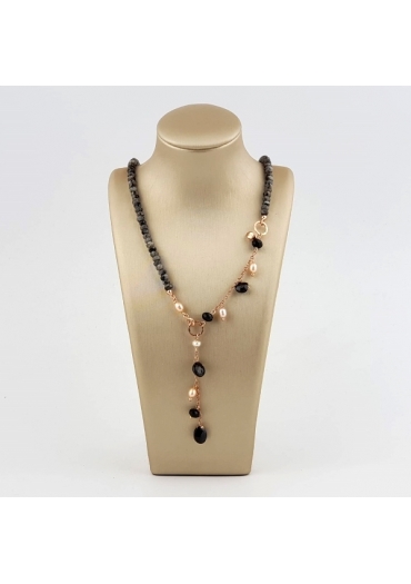 Collier Gioia, diaspro grigio, spinello nero, perle coltivate﻿